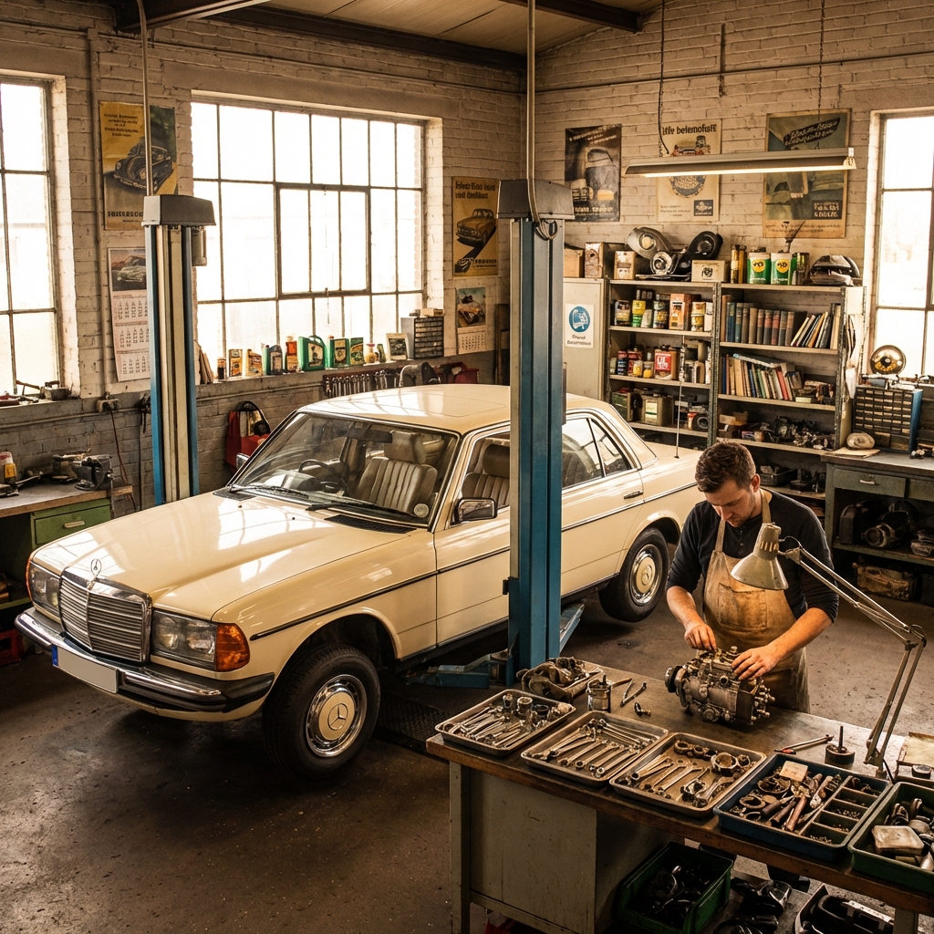 Mercedes W123 på verkstad